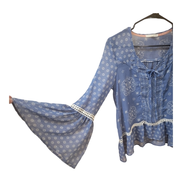 Sheer Blue Boho Blouse Flared Sleeves Hint of Mint Small - Picture 2 of 8